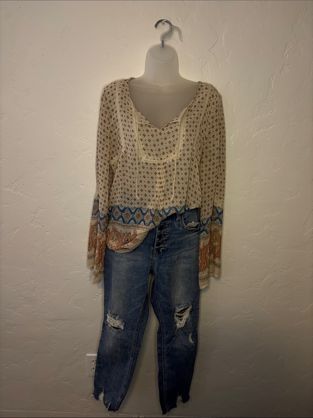 Blu Pepper Cream Printed Boho Peasant Blouse with Blue & Tan Border